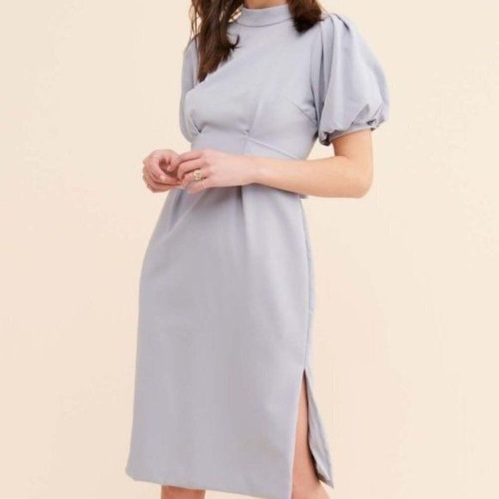 New CAARA From Anthropologie Gray Fritz Puff-Sleeve Empire-Waist Dress
